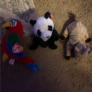 Ty Plush Set: Vibrant Parrot, Panda, and goat